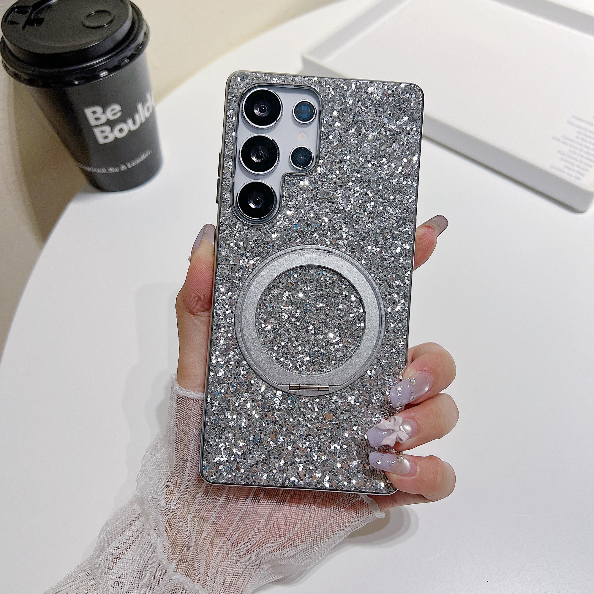 

For Samsung Galaxy S25 Ultra Magnetic Case with Kickstand Glitter Electroplated TPU+PC Phone Cover Silver