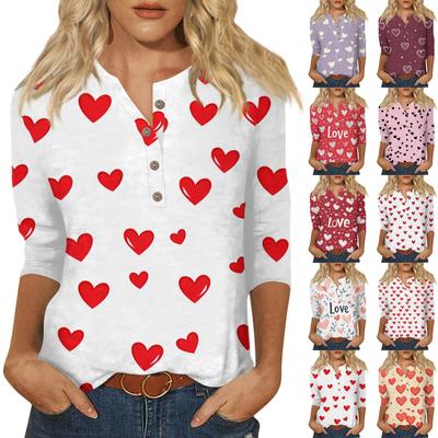 Women's Fashion Casual Button 3/4 Sleeve Valentine's Day Printed  Neck Top