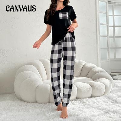 Summer Milk Silk Short-sleeved Pyjamas Women's Plaid Printed Trousers Home Wear Can Be Worn Outside The Thin Section of The Pajama Trousers