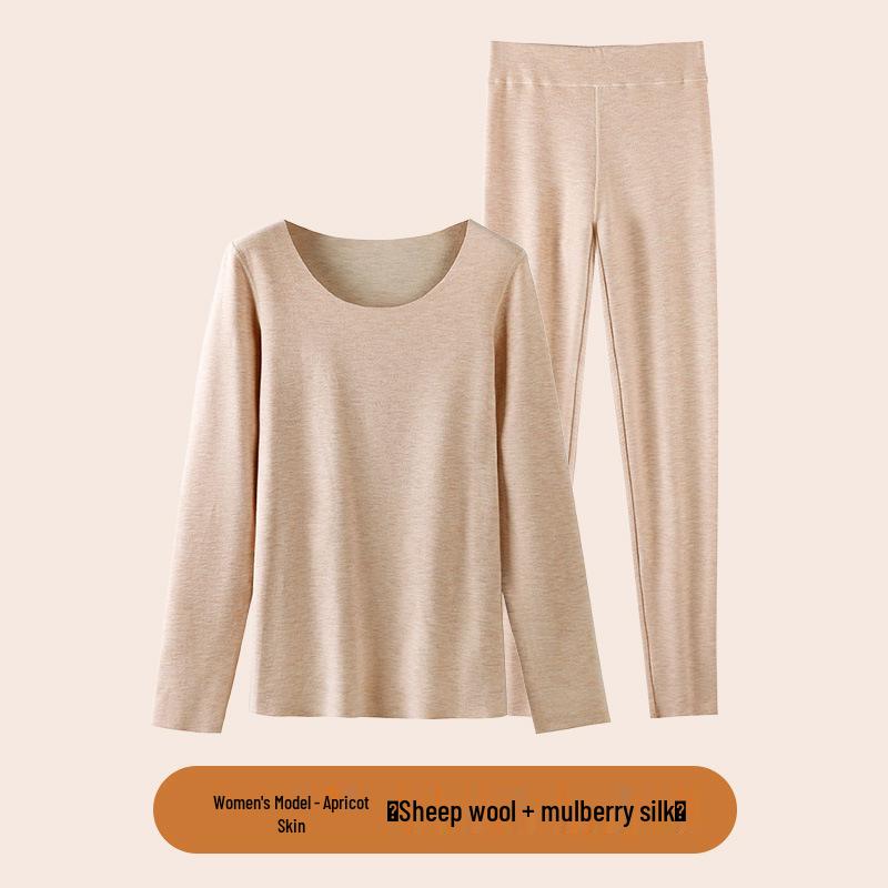 Women's Winter Fleece-Lined Silk Wool Underwear Set - Extra Thick Heat-Generating Base Layer for Autumn.