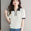 Dámský límec ledové hedvábné pletené tričko s krátkým rukávem letní top Polo límec s krátkým rukávem tenký top
