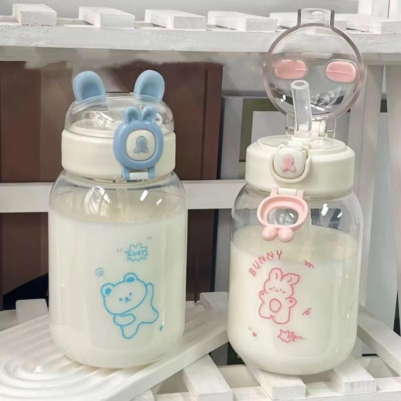 500ml Kawaii Konijn Waterfles Draagbare Leuke Oorvormige Plastic Drinkbeker met Rietje en Deksel voor Buiten Festival Cadeaus