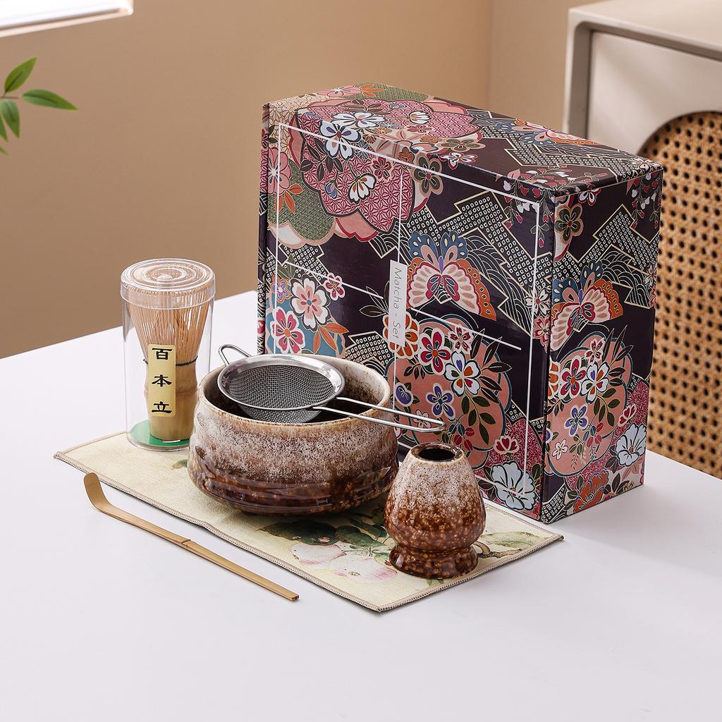 Japanese Matcha Tea Set Ceramic Chawan Bowl Whisk Holder Scoop Spoon Sieve Gift Traditional Tea Ceremony Kit for Home Restaurant