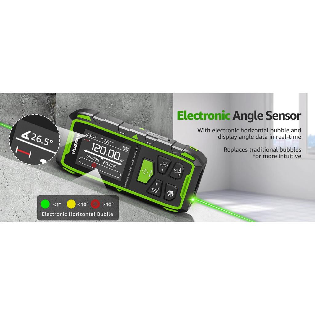Huepar Dual Laser Rangefinder 120M/200M Green Beam Digital Laser Meter Multiple Unit Measurement Tool With Backlit LCD display