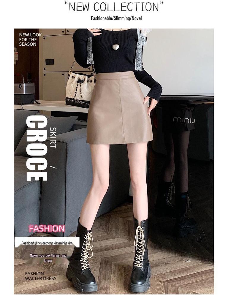 Black A-line High-waisted PU Leather Skirt: Women's Spring/Autumn Slimming Mini with Anti-exposure Design