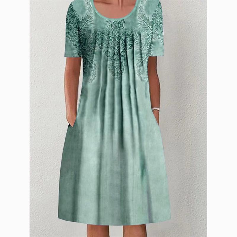 Spring Summer Floral Print Plus Size Casual Dress for Women Elegant A Line Loose Long Dress Female Pocket Round Neck Dresses 24063