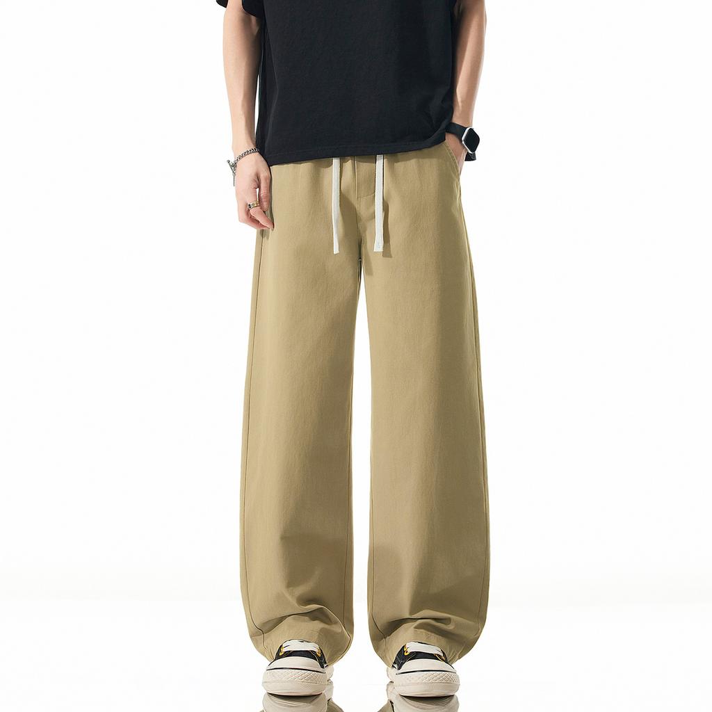 Solid Color Simple and Versatile Loose Straight Elastic Waist Long Pants Men's Trendy Wide Leg Drape Small Scimitar Casual Pants