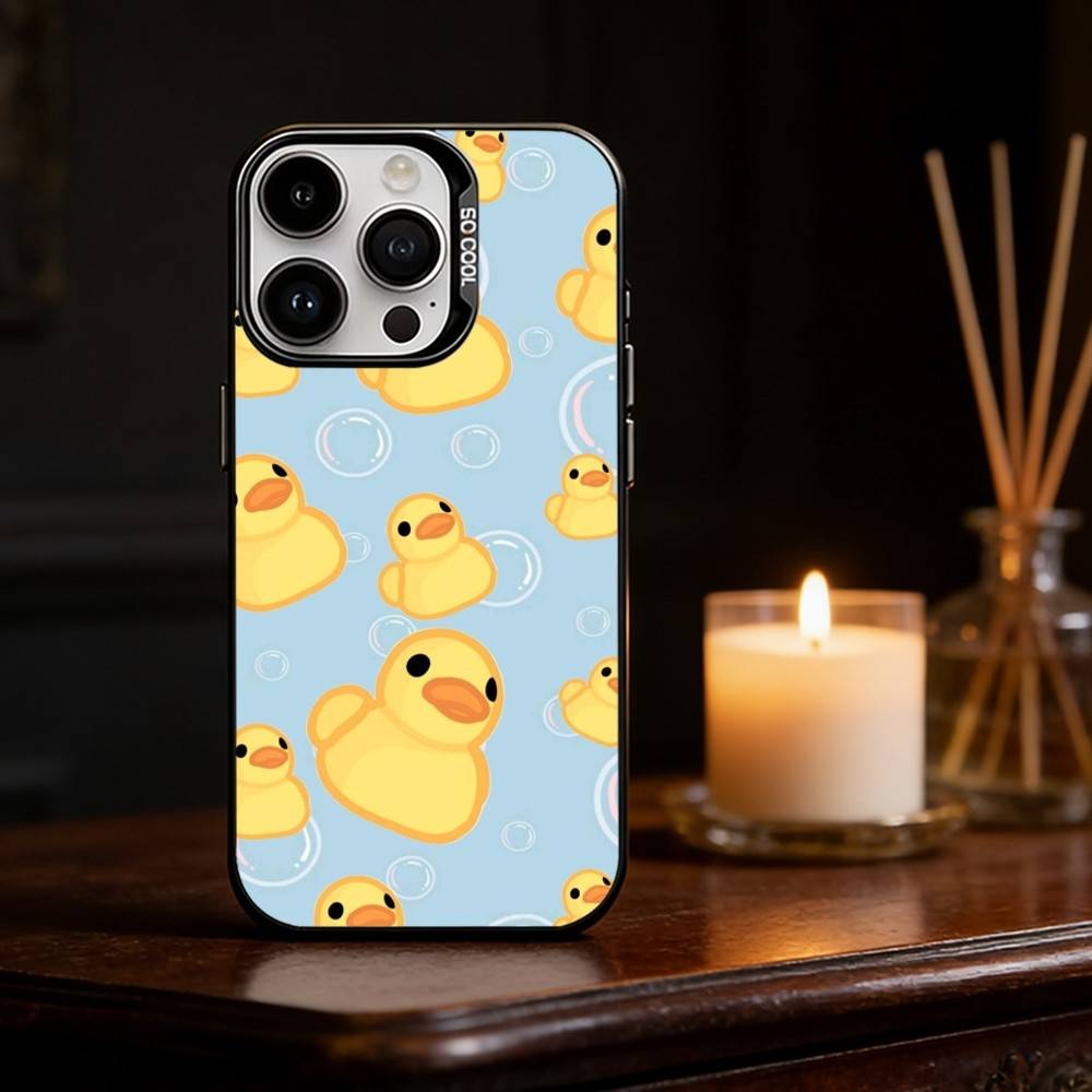 Yellow Duck Cute Phone Case For iPhone 17,16,15,14,13,12,11,Pro Max,Plus Candy Silver Cover