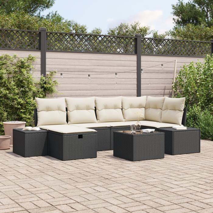 VidaXL Canapé de jardin 7 pièces avec coussins noir poly rotin 3359386