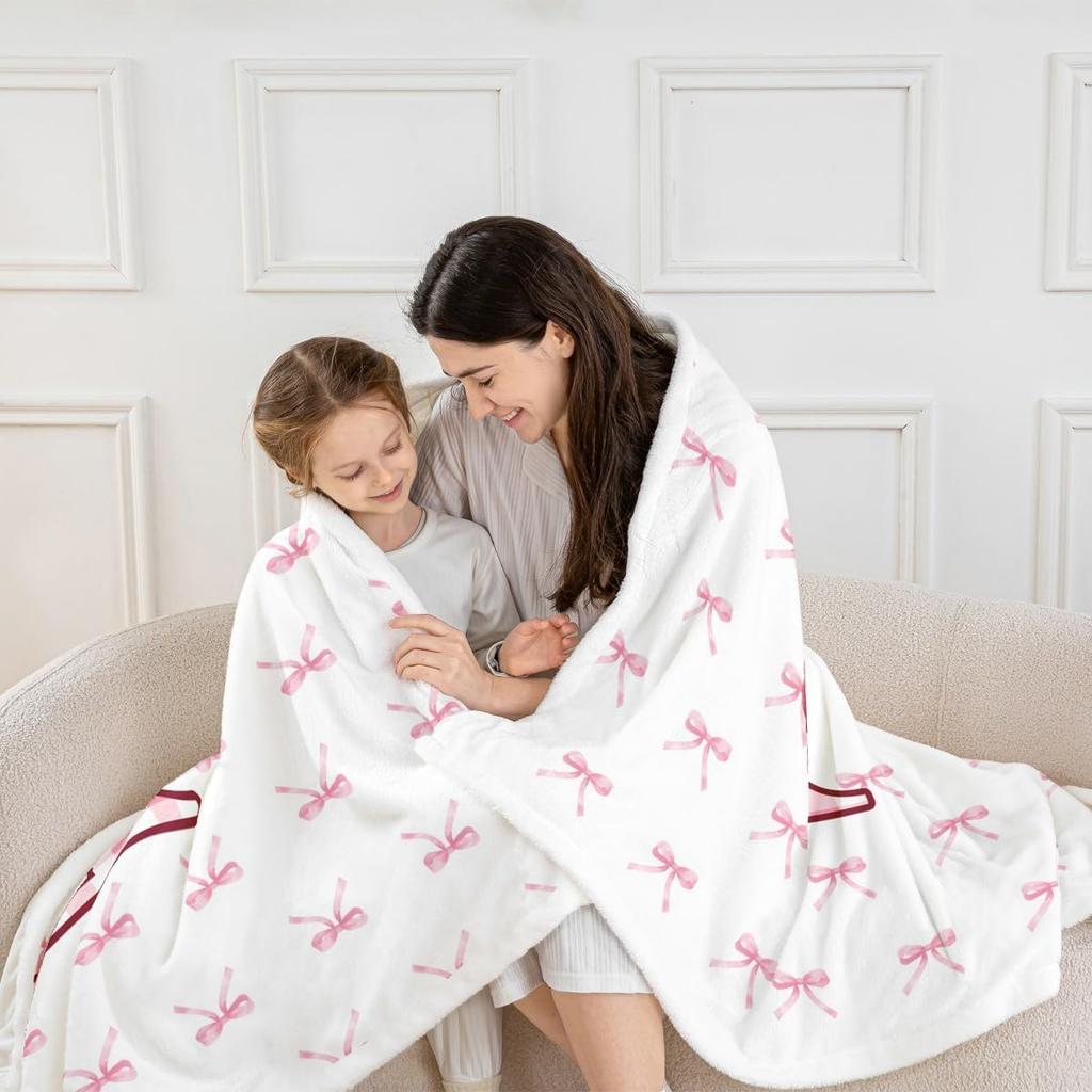 Erosebridal Initial P Letter Bowknot Fleece Blanket Throw Pink Bow Tie Cherry Sherpa Blanket Princess Coquette Decor Fuzzy
