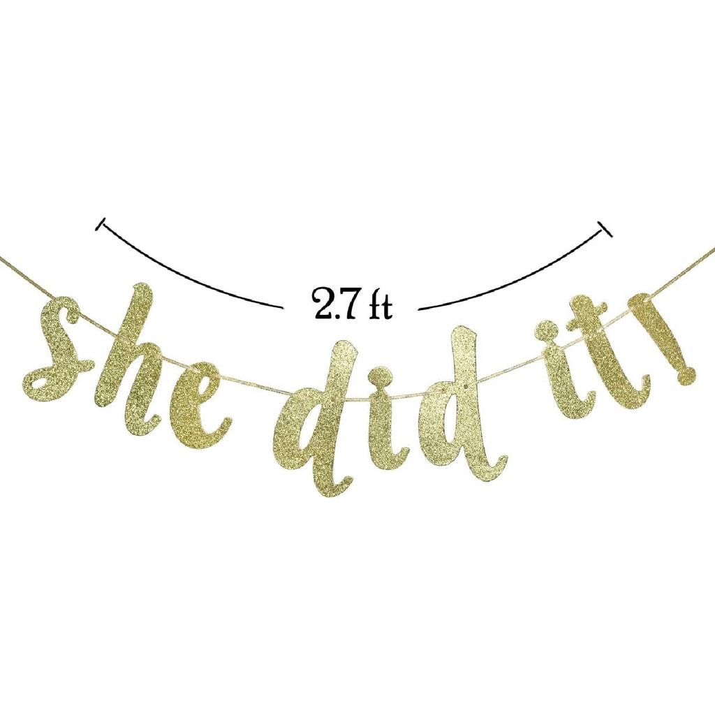 She Did It Gold Glitter Cursive Banner Sign, Graduation Garland, Class of 2025 Grad Party Decorations Supplies (Gold)