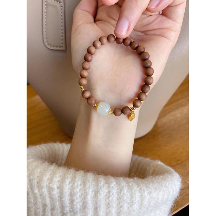 Indian Old Mountain Sandalwood Bracelet for Women, Sandalwood and Hetian Jade Beads with the Buddha for Good Luck 8mm