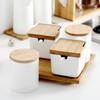 Kitchen Storage Container Wooden Lid Ceramic Seasoning Jar Salt Sugar Bowl Kitchen Jar Set Seasoning Box Cereal Dispenser Home