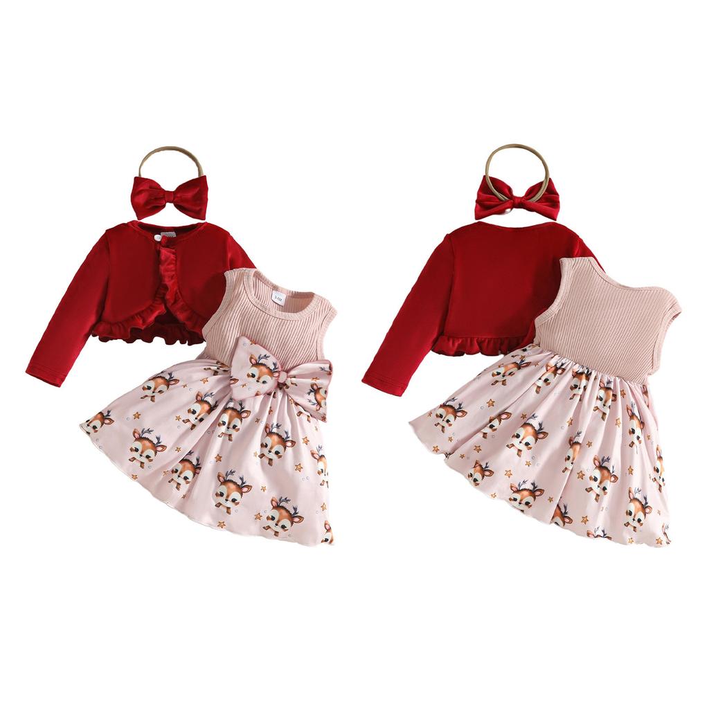 Toddler Girl Christmas Party Dress Set 3-Piece Velvet Cardigan with Headband for Holiday Photo Shoot Outfit