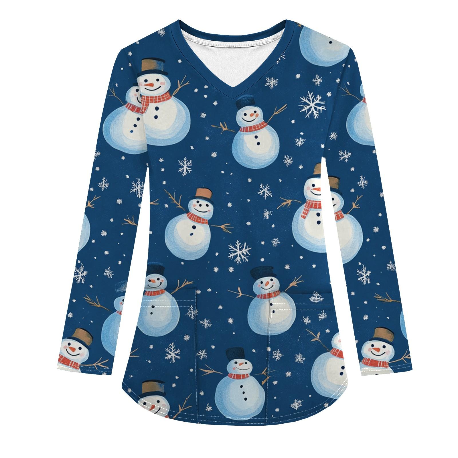 

Женская модная рабочая одежда с V-образным вырезом, длинным рукавом и карманом, рождественский принт, футболка, топ L