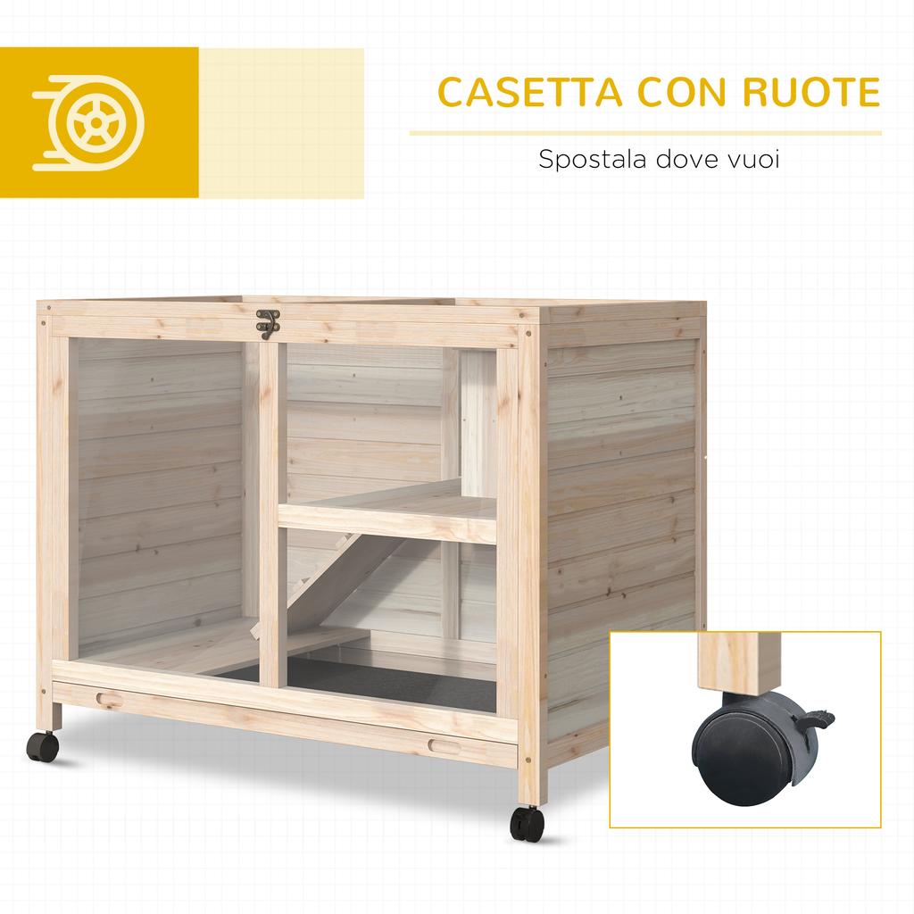 Conigliera in Legno a 2 Piani con Casina, Rampa e Vassoio Estraibile, 91.5x53.3x73cm