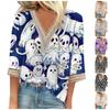 Top con cuello en V y estampado de Halloween con mangas de encaje recortadas informales a la moda para mujer
