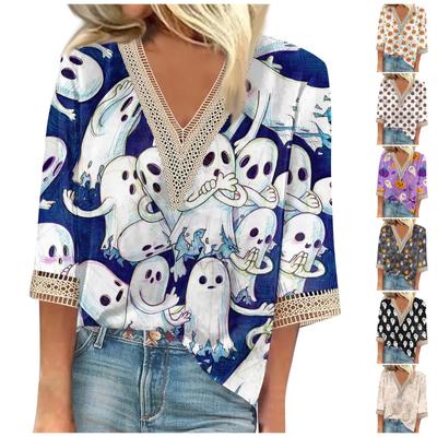 Women's Fashion Casual Cropped Lace Sleeves Halloween Print V-Neck Top