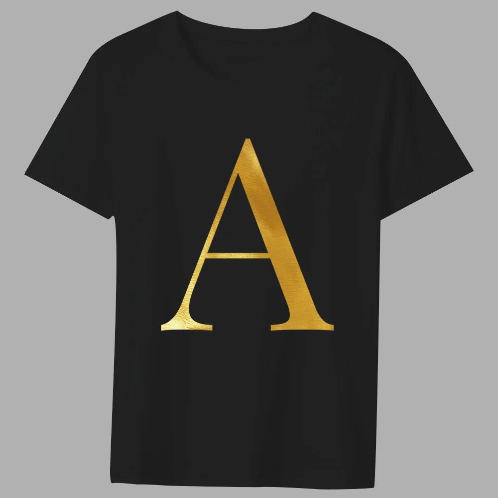 Fashion T-shirt Black Men's 26 English Letters Gold Printing Pattern Series Casual Round Neck Commuter Comfortable Top T-shirt