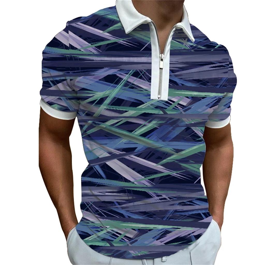 Men's Short Sleeve Casual Summer Zipper Lapel Polo Men's Personalized Printed T-shirt