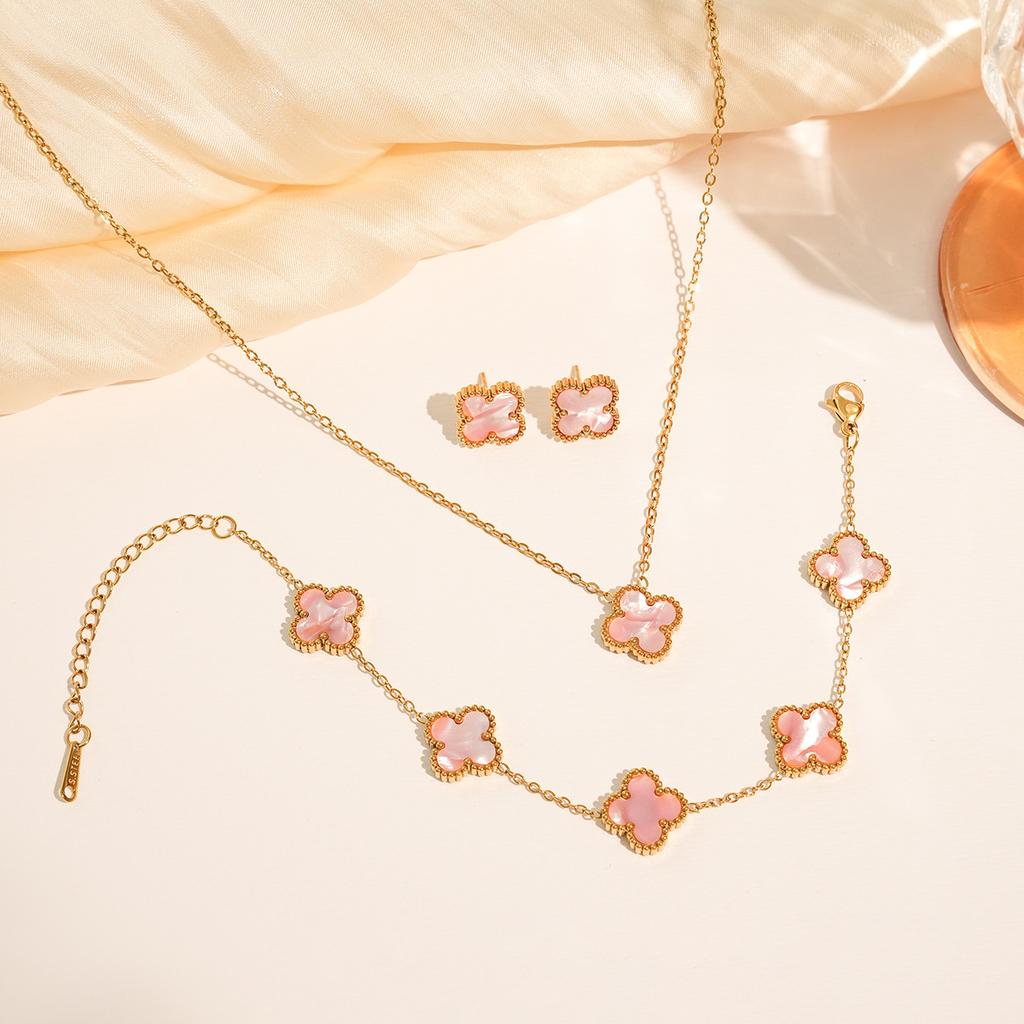 3PCS titanium steel non fading double-sided four leaf flower set necklace bracelet earrings three piece set