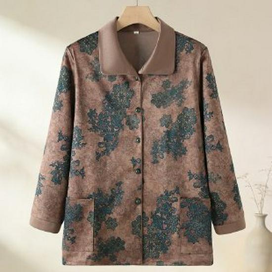 Floral Lapel Button-Up Loose Top for Middle-Aged and Elderly Women