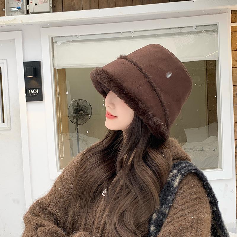 Wildleder Thermobaumwollmütze Damen tragen Plüsch Bucket Hat auf beiden Seiten Nordost Kältebeweis Samt verdickte Ohrenschutzkappe