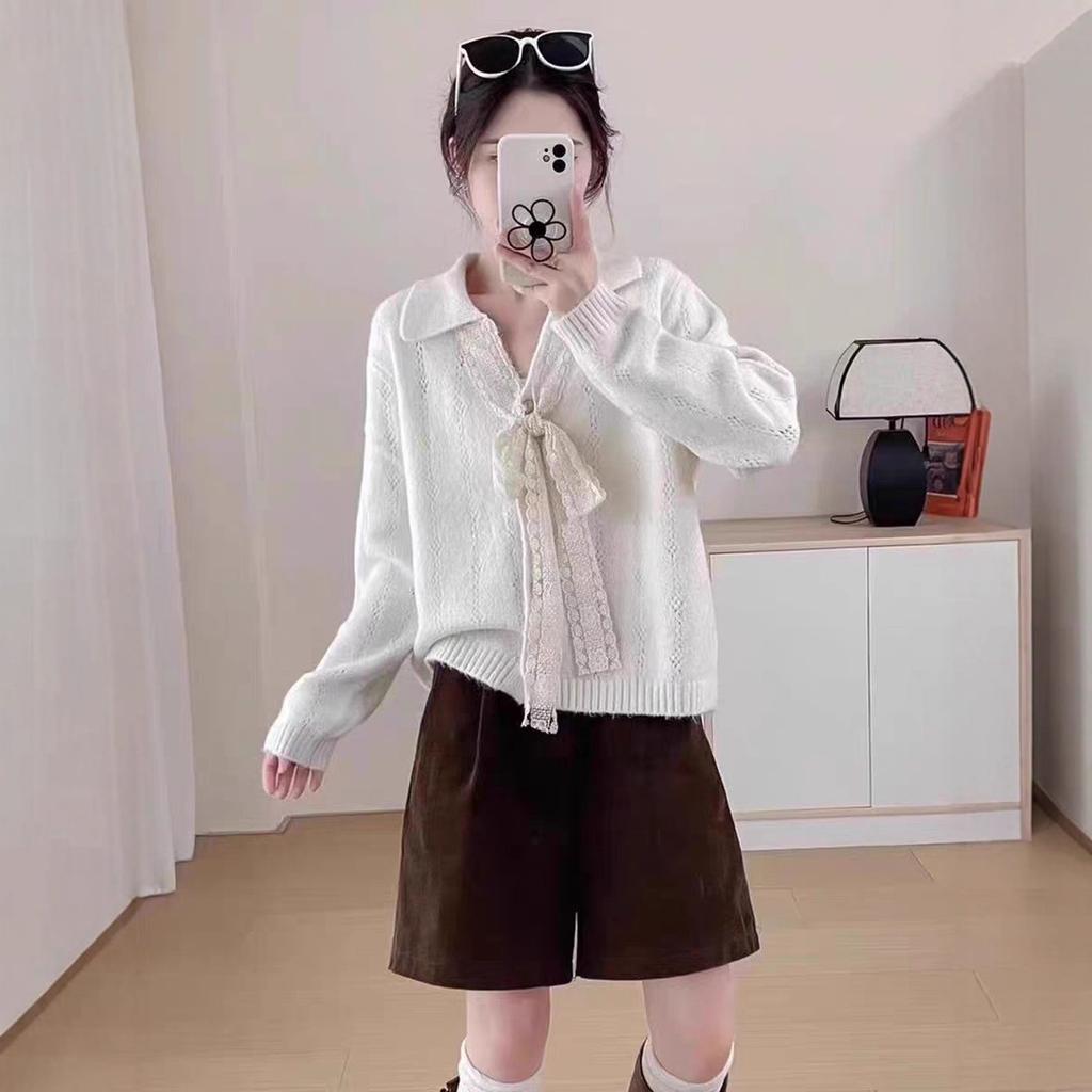 Lace Lace-up Lapel Knitted Cardigan Top Autumn and Winter New Loose Lazy Sweater Jacket Women