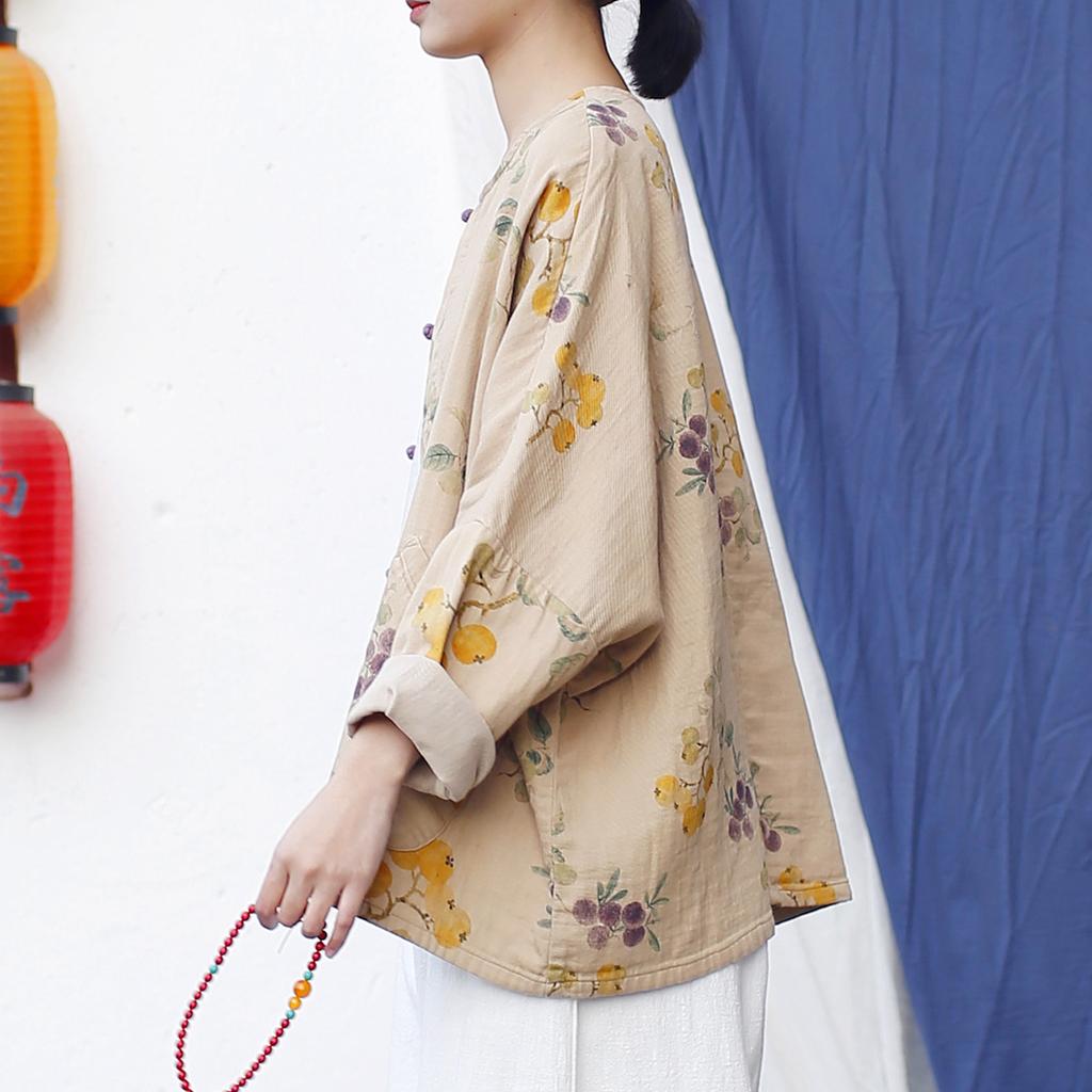 Johnature Women Vintage Print Floral Jackets Bat Sleeve Coats Spring Button Pockets Chinese Style O-Neck Jackets
