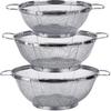 3 Pack 18/8 Stainless Steel Colander Sieves(5-Quart, 4-Quart and 3-Quart), Mesh Strainer Net Baskets with Handles & Resting Base for Strain, Drain,