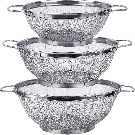 3 Pack 18/8 Stainless Steel Colander Sieves(5-Quart, 4-Quart and 3-Quart), Mesh Strainer Net Baskets with Handles & Resting Base for Strain, Drain,