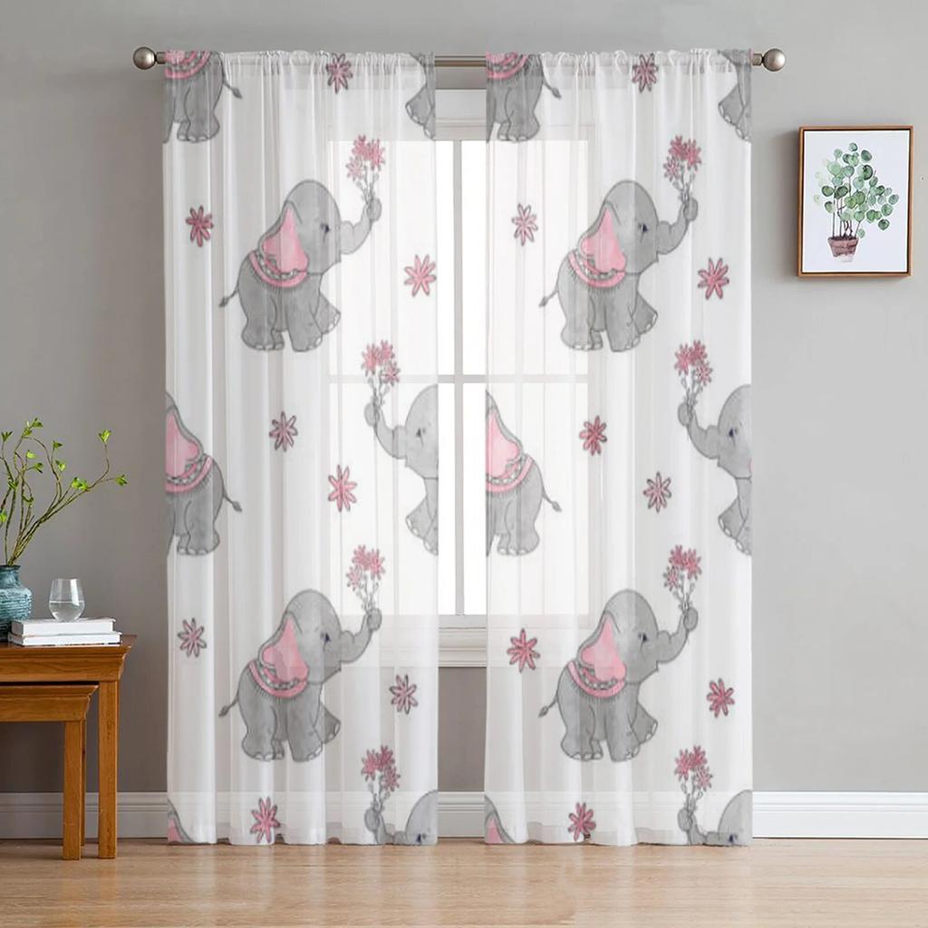 Elephant Mom And Baby Tulle Sheer Curtains For Kitchen Window Living Room Modern Voile Curtain Bedroom Drapes
