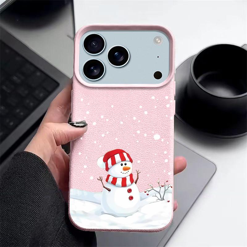 Christmas Winter Snowman Print Phone Case For iPhone Air 17 16 15 14 13 12 Pro Max 17 Pro 11 16e Leather Texture TPU Soft