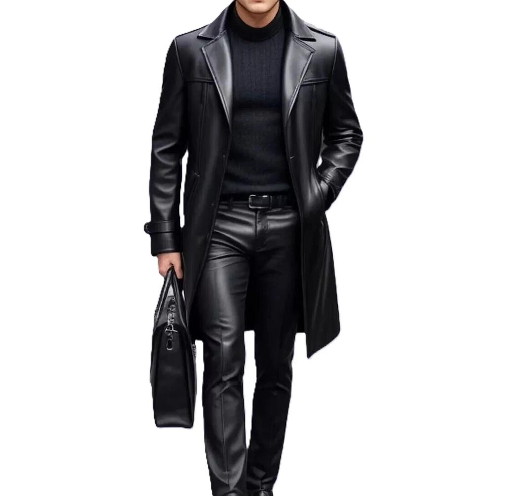 Men Trench Coat Black Fashionable Leather Handmade Lambskin Stylish Soft Fit New