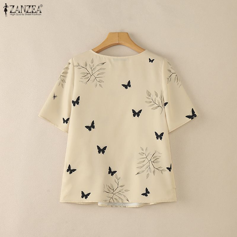 ZANZEA Women Casual Round Neck Loose Short Sleeve Print Blouse