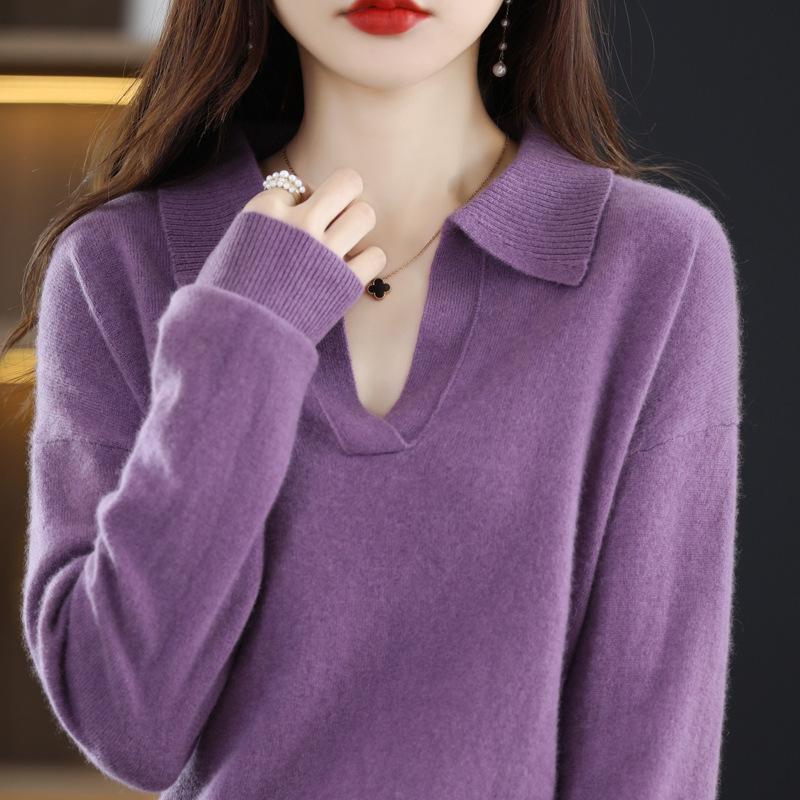 Women's Loose Polo Sweater: 100% Wool Knitwear with Soft Feel, Ideal for Autumn/Winter As Base Layer, Pure Wool Collar.