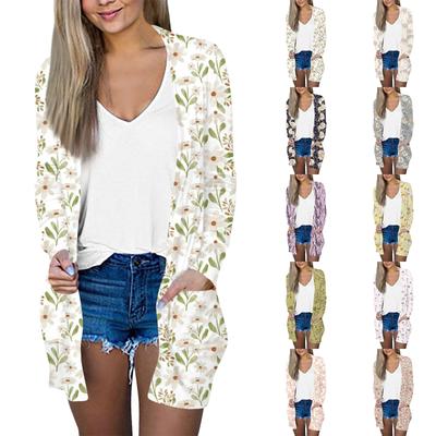 Damen Casual Mode Floral bedruckte Langarm Mittellange Strickjacke Jacke