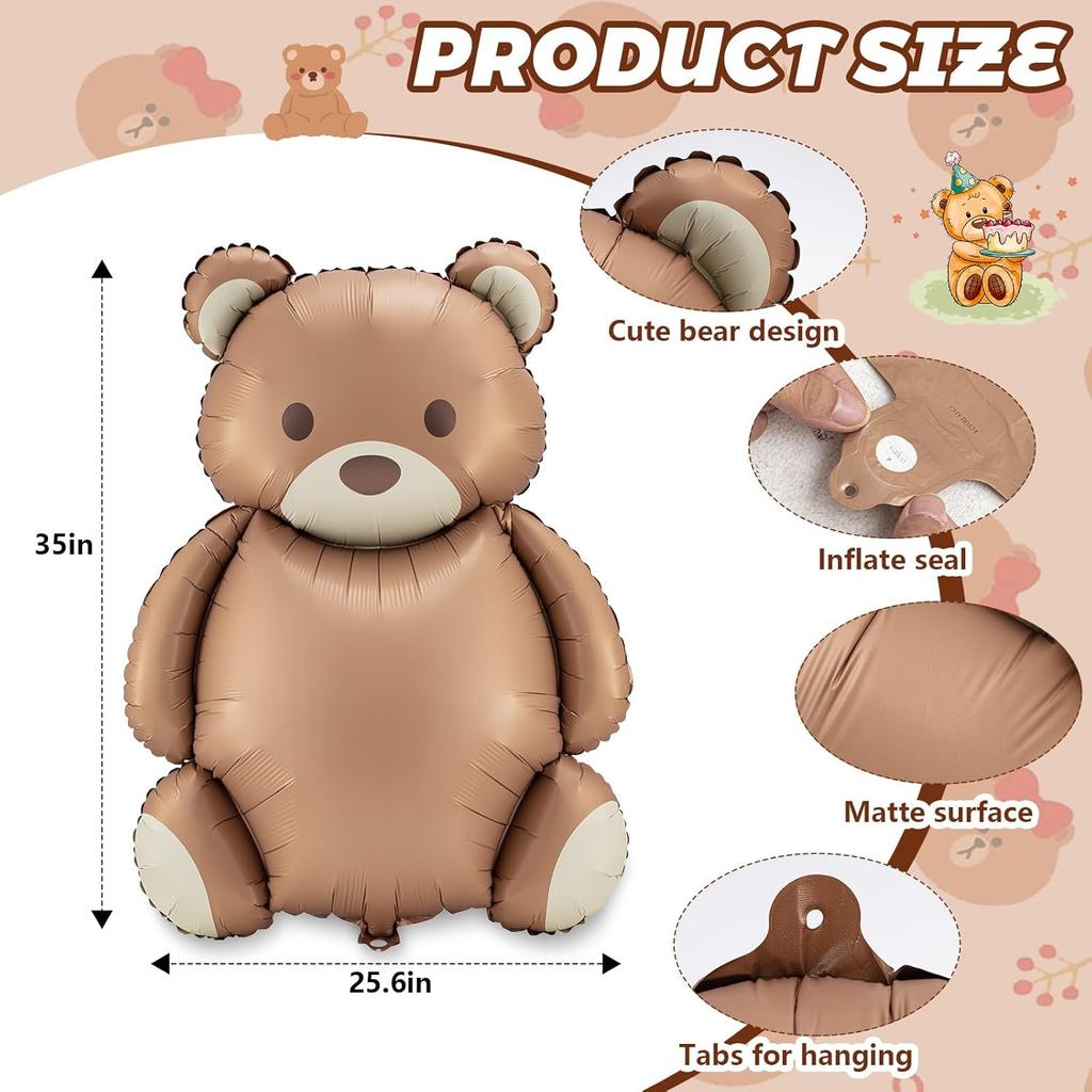 12 Pcs 35 Inch Big Brown Bear Balloons Matte Cartoon Bear Foil Birthday Balloons for Home Decor Jungle Animal Farm Safari Zoo Woodland Themed Party