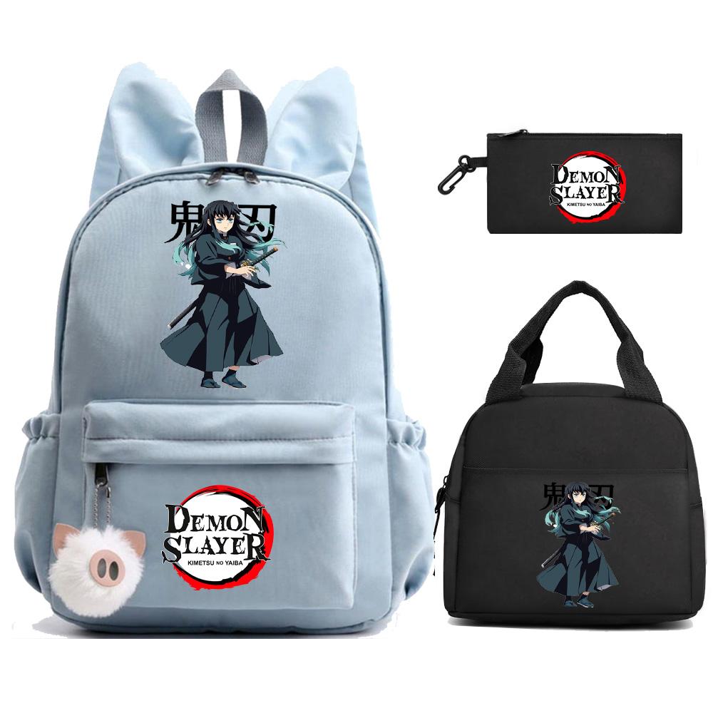 3 st/set Anime Demon Slayer Tryckt Ryggsäck Matlåda Pennfodral för Barn Elev Skolväska Dam Stor Kapacitet Vattentät Resväska Gåva