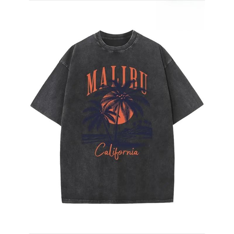 

Washed T-Shirt Featuring a Retro Malibu California Graphic Print, Designed for Streetwear with a Regular Fit And Round Neck, Suitable for All Seasons S чёрный