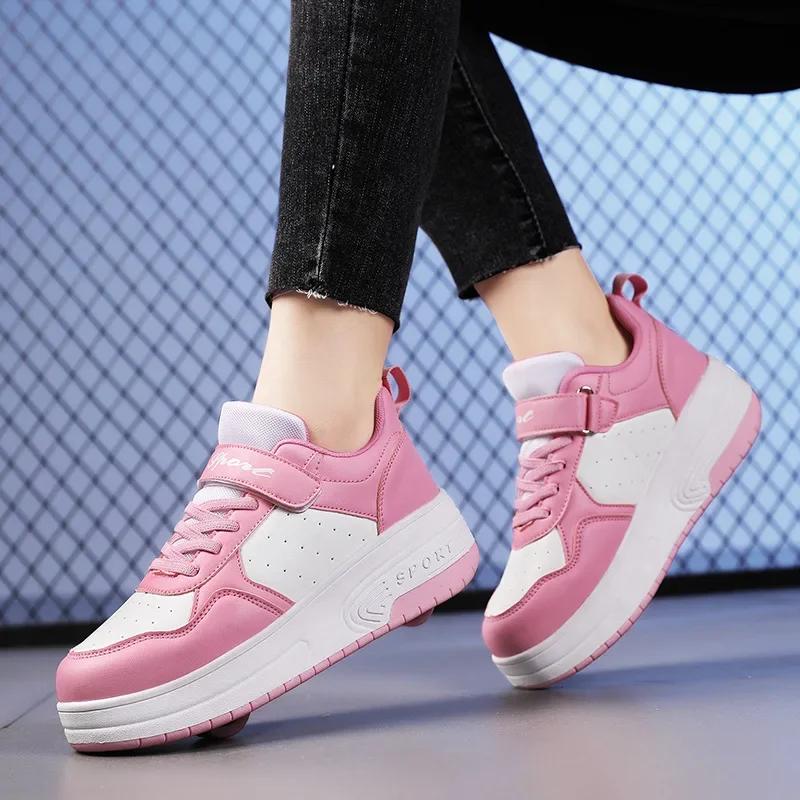 Magic Roller Skates Dual Wheel Slip-on Roller Skating Shoes 2025 New Spring Autumn Leather Surface Sports Shoes For Women Kids