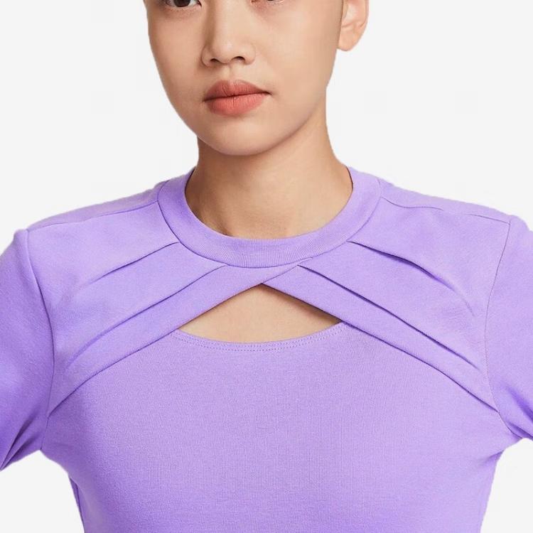 Nike Sportswear Solid Logo Embroidered Knit Fashion Hollow Round Neck Pullover Long Sleeve T-Shirt Women Tops Space-Purple DV8215-567