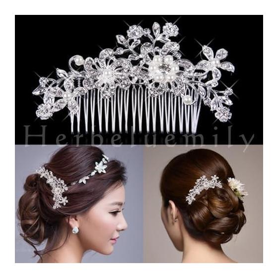Herbeluemily Hair Comb Hairpin Hair Accessories Pearl Hair Ornaments Formal Party Hair Silver B HM-0148-R06-B Elegant Glamorous Updo Wedding Bridal