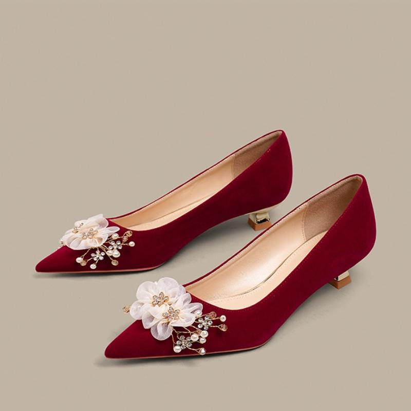 Red Pointed Shallow Mouth High Heels  Suede Women's Stiletto Heel Bridal Shoes Soft Comfort Solid Pearl Wedding Single Shoes