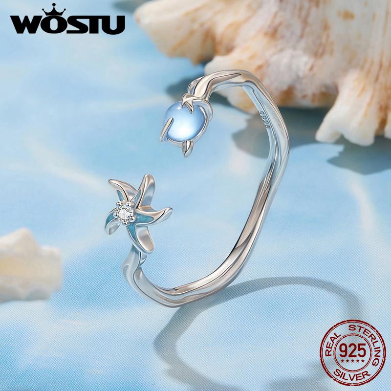 WOSTU Ocean Jewelry 925 Sterling Silver Starfish Open Ring Women Stackable s925 Rings Holiday Beach Wear