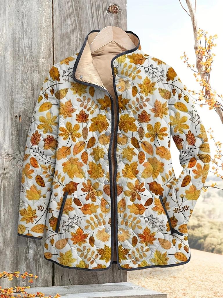 Women's Tropical Leaf Print Quilted Jacket Stand Collar Button Down Contrast Trim Casual Coat