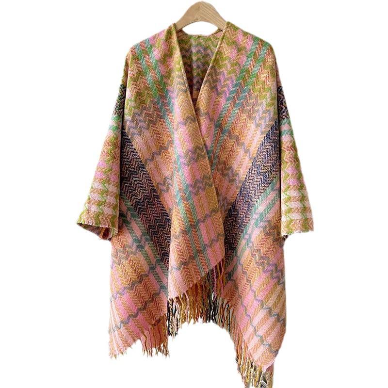Ethnic Style Wave Pattern Long-Sleeve Knitted Shawl for Women - Warm for Autumn/Winter Travel