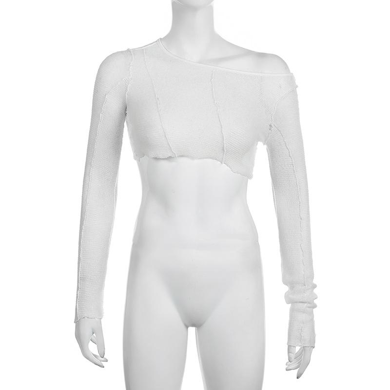 WTEMPO Brand Pure Desire Style Perspective Mesh Oblique Neck Long Sleeve Women's T-Shirt Sexy Short Loose Slim Blouse Splice Pullover Tops