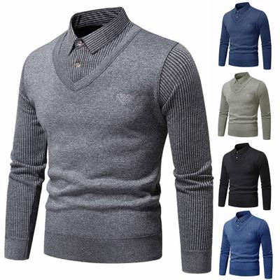 Men's Solid-color Casual Faux Two-piece Striped Pullover Knitted Sweater, Men's Square-neck Long-sleeved Knitted Warm Sweater