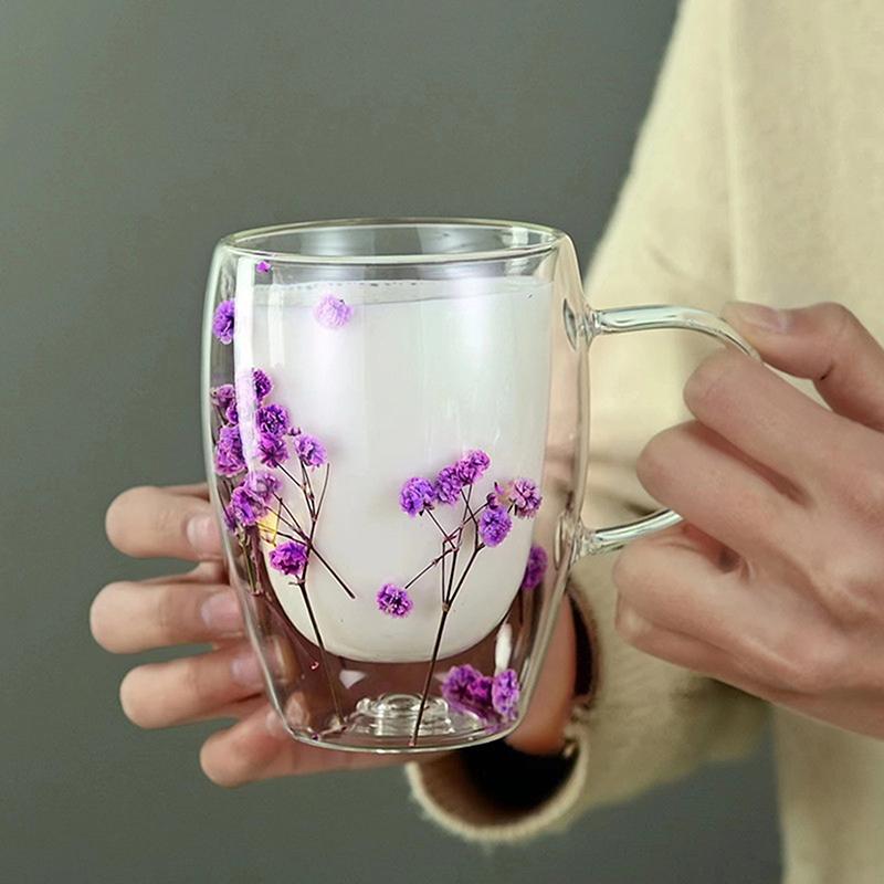 1 taza para té y café de vidrio de borosilicato de alta calidad Ins Trends, taza con flores secas y flores, taza de vidrio de doble pared resistente al calor simple